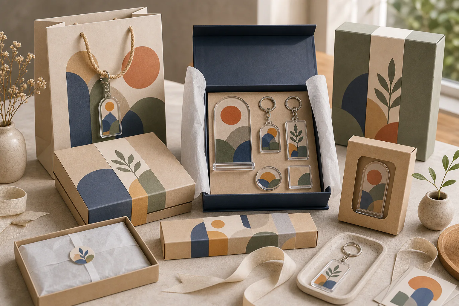 Opened premium gift box with a coordinated acrylic merch set — keychain, magnet, and print cards in an inner tray