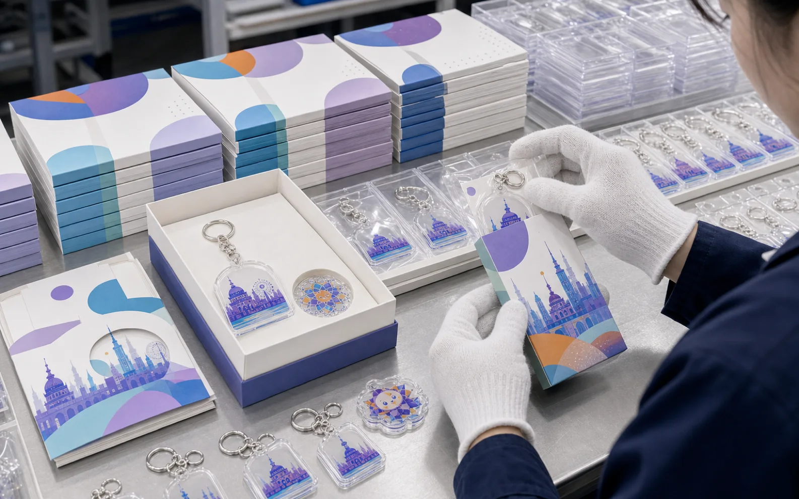 Worker placing finished acrylic merch into printed retail gift boxes