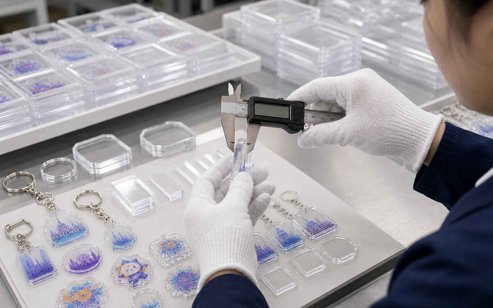 Gloved inspector measuring an acrylic charm with digital calipers