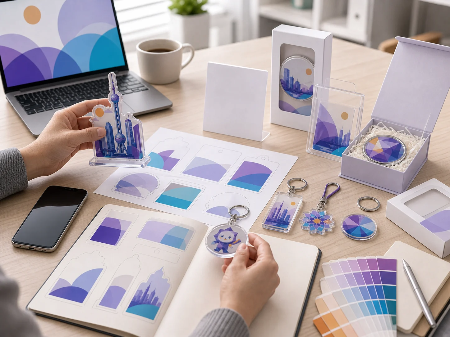Hands reviewing a printed acrylic sample against color swatches and packaging boxes