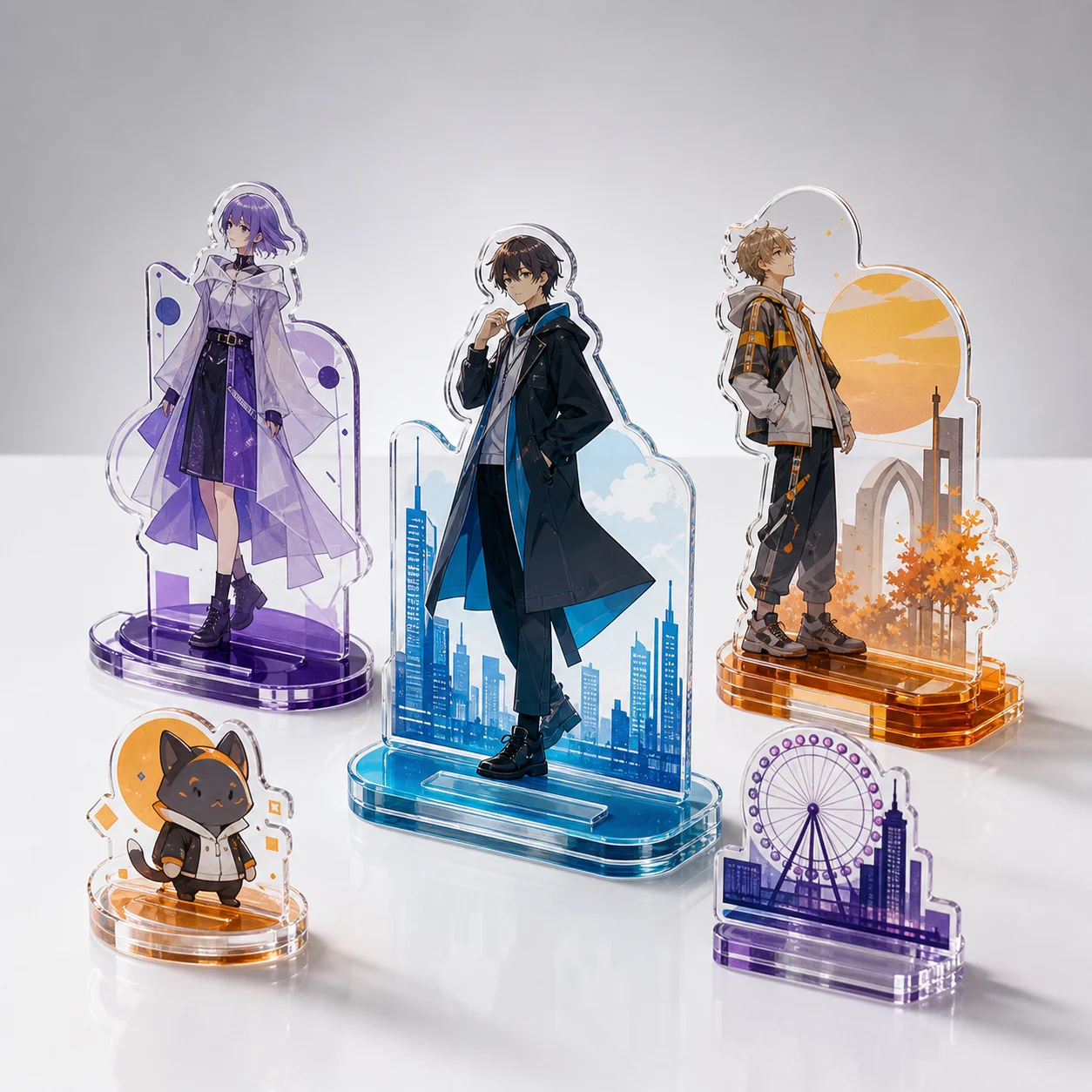 Anime-style character acrylic standees on slot bases, displayed on a desk